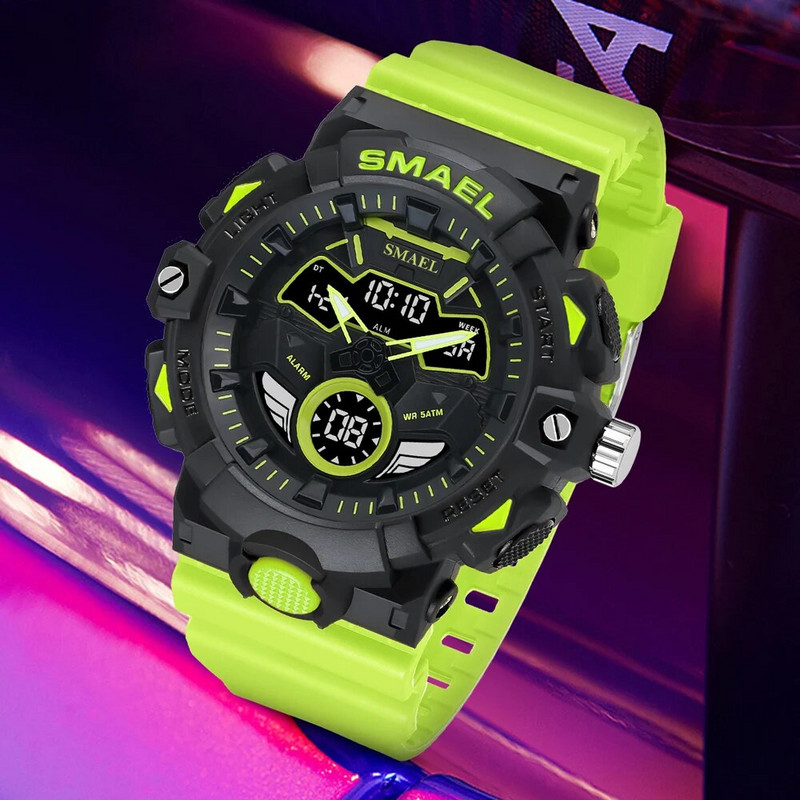 SMAEL skaitmeniniai kvarciniai laikrodžiai vyrams Madingi sportiniai chronometrai Studentų kasdienis elektroninis galinis apšvietimas, dvigubas ekranas, rankinio laikrodžio signalizacija