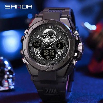 SANDA Fashion Skull Dial Спортни часовници на открито Мъжки електронни кварцови цифрови часовници 50M Водоустойчиви ръчни часовници reloj hombre