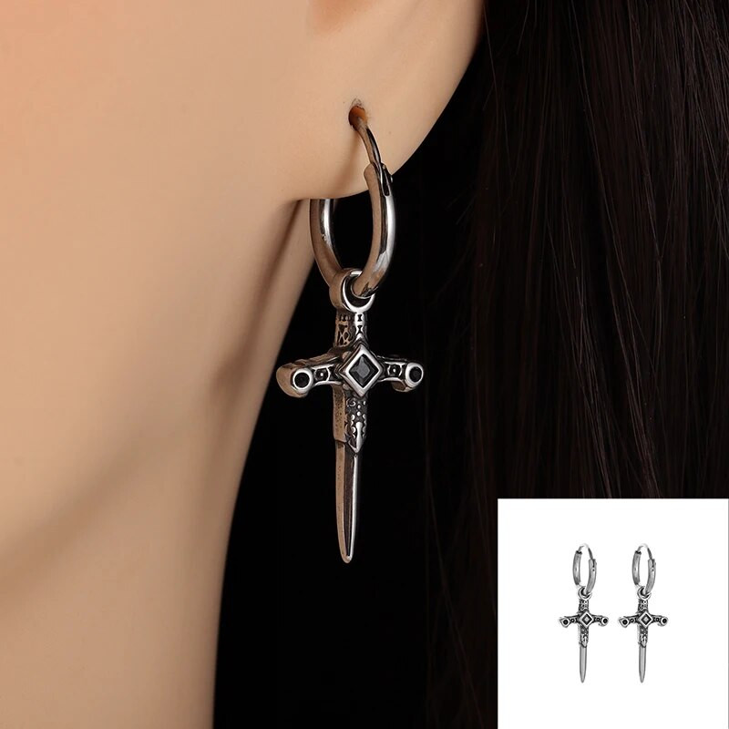 Vintage mustast tsirkoonist ristist mõõgast rippuvad kõrvarõngad hüpoallergeensed kõrvarõngad meestele naistele hiphop tänavapeo ehted