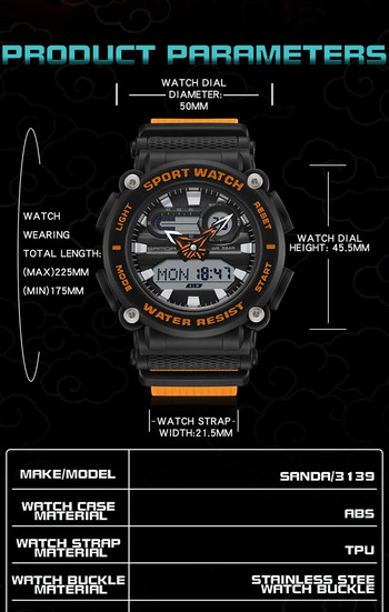 SANDA Ψηφιακό ρολόι Ανδρικό στρατιωτικό αθλητικό χρονογράφος ημερομηνίας Χαλαζίας Ρολόι χειρός Γνήσιο 50m αδιάβροχο ανδρικό ηλεκτρονικό ρολόι 3139