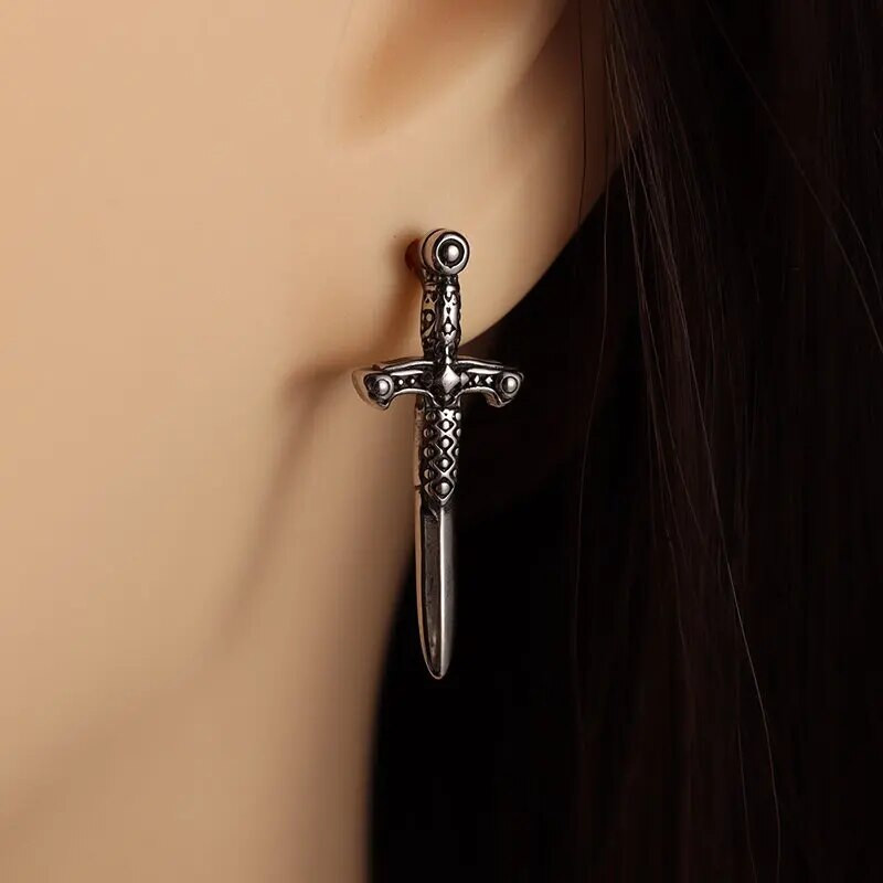 Gotikiniai kardo auskarai Hipoalerginiai ausų segtukai, vyriški ir moteriški punk hiphopo roko papuošalai
