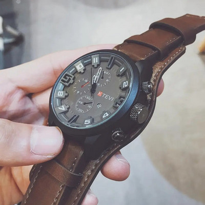 Ceas electronic cu cadran dublu Strat Curea din piele artificială reglabilă Afișaj analogic Ceas de mână cu quartz Bărbați cu ceas cu cadran rotund mare