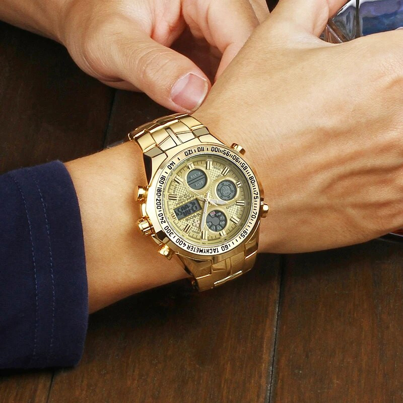 WWOORi digitaalne LED-elektrooniline meeste luksuslik suure numbrilauaga spordikell Kuldne veekindel täisterasest kvartsist sõjaväelised meeste käekellad 2020