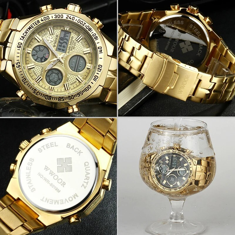 WWOORi digitaalne LED-elektrooniline meeste luksuslik suure numbrilauaga spordikell Kuldne veekindel täisterasest kvartsist sõjaväelised meeste käekellad 2020