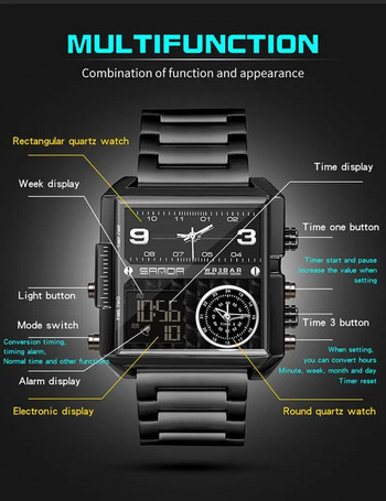 SANDA 2023 Wrist Watch For Personality Ανδρικό ρολόι Fashion Square Ηλεκτρονικό ρολόι Cool από ανοξείδωτο ατσάλι φωτεινό ρολόι