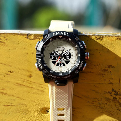 SMAEL kaheajaline digitaalne käekell meestele sõjaväespordi kronograaf kvartskäekell beež rihm kuupäeva elektroonilise kellaga meessoost
