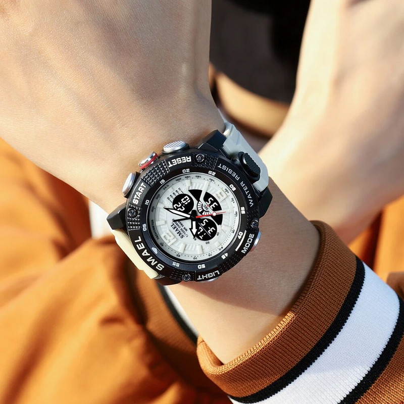 SMAEL kaheajaline digitaalne käekell meestele sõjaväespordi kronograaf kvartskäekell beež rihm kuupäeva elektroonilise kellaga meessoost