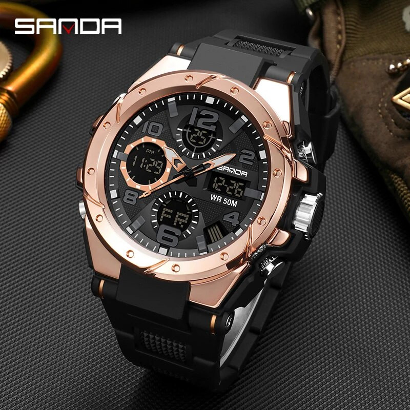 SANDA Digital Watch Men Military Army Sport Chronograph Quartz Wristwatch Γνήσιο 50m Αδιάβροχο Ανδρικό Ηλεκτρονικό Ρολόι Νέο 6008