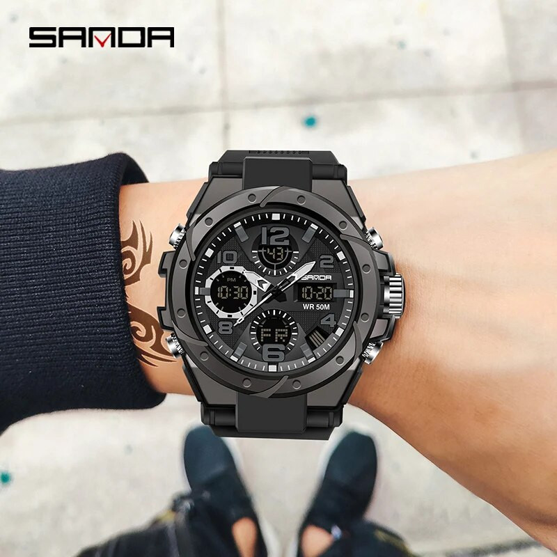 SANDA Digital Watch Men Military Army Sport Chronograph Quartz Wristwatch Γνήσιο 50m Αδιάβροχο Ανδρικό Ηλεκτρονικό Ρολόι Νέο 6008
