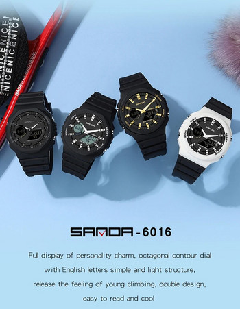 SANDA Дигитален часовник мъжки дамски спортен хронограф календар дата кварцов ръчен часовник 50 м водоустойчив мъжки женски електронен часовник 6016