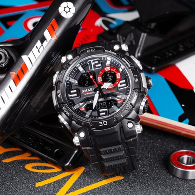 SMAEL sportinis laikrodis vyriškas kvarcinis elektroninis laikrodis, atsparus vandeniui 5 barų dvigubo laiko vyriškas karinis rankinis laikrodis smūgiams atsparus žadintuvas