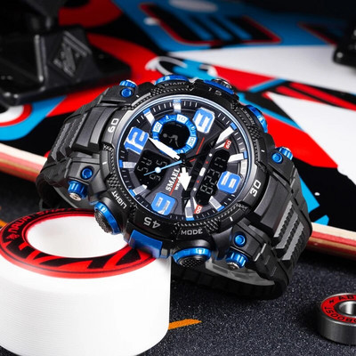 SMAEL sportinis laikrodis vyriškas kvarcinis elektroninis laikrodis, atsparus vandeniui 5 barų dvigubo laiko vyriškas karinis rankinis laikrodis smūgiams atsparus žadintuvas