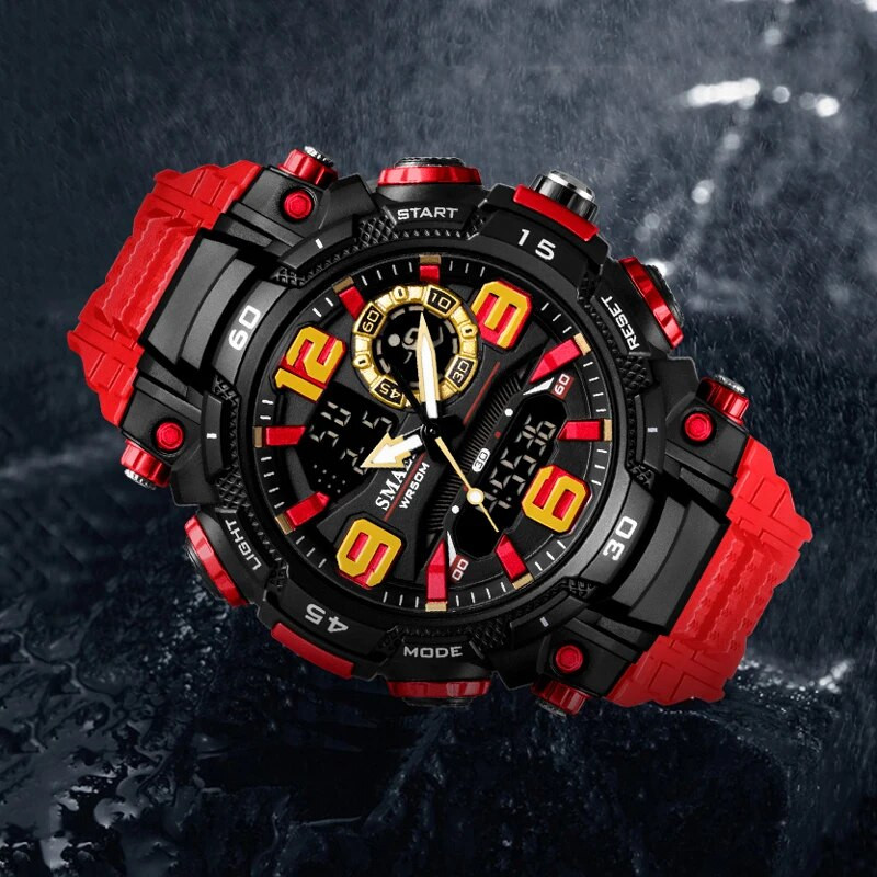 SMAEL sportinis laikrodis vyriškas kvarcinis elektroninis laikrodis, atsparus vandeniui 5 barų dvigubo laiko vyriškas karinis rankinis laikrodis smūgiams atsparus žadintuvas