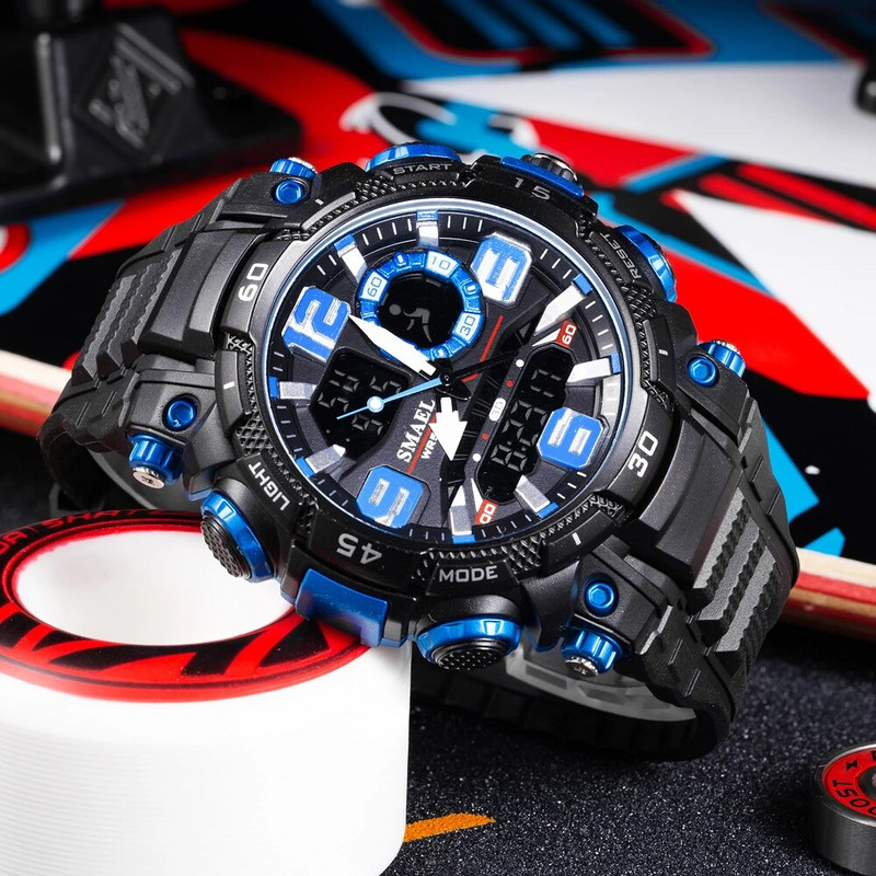 SMAEL sportinis laikrodis vyriškas kvarcinis elektroninis laikrodis, atsparus vandeniui 5 barų dvigubo laiko vyriškas karinis rankinis laikrodis smūgiams atsparus žadintuvas