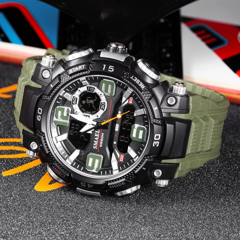 SMAEL sportinis laikrodis vyriškas kvarcinis elektroninis laikrodis, atsparus vandeniui 5 barų dvigubo laiko vyriškas karinis rankinis laikrodis smūgiams atsparus žadintuvas