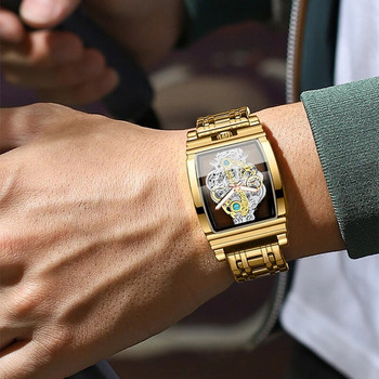 2023 Нов луксозен мъжки часовник Gold Sliver Gear Bar Hollow Tourbillon Неръждаема стомана Светещи електронни часовници Подарък Orologi Uomo