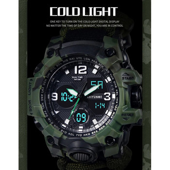 SHIYUNME Камуфлажен военен мъжки спортен часовник на открито Компас свирки Водоустойчив LED електронен кварцов часовник с двоен дисплей
