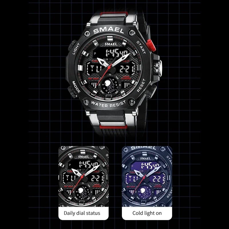 SMAEL 8069 Sport sõjaväekell, kahe ekraaniga LED elektrooniline käekell veekindlad meeste kellad, kvartskäekellad