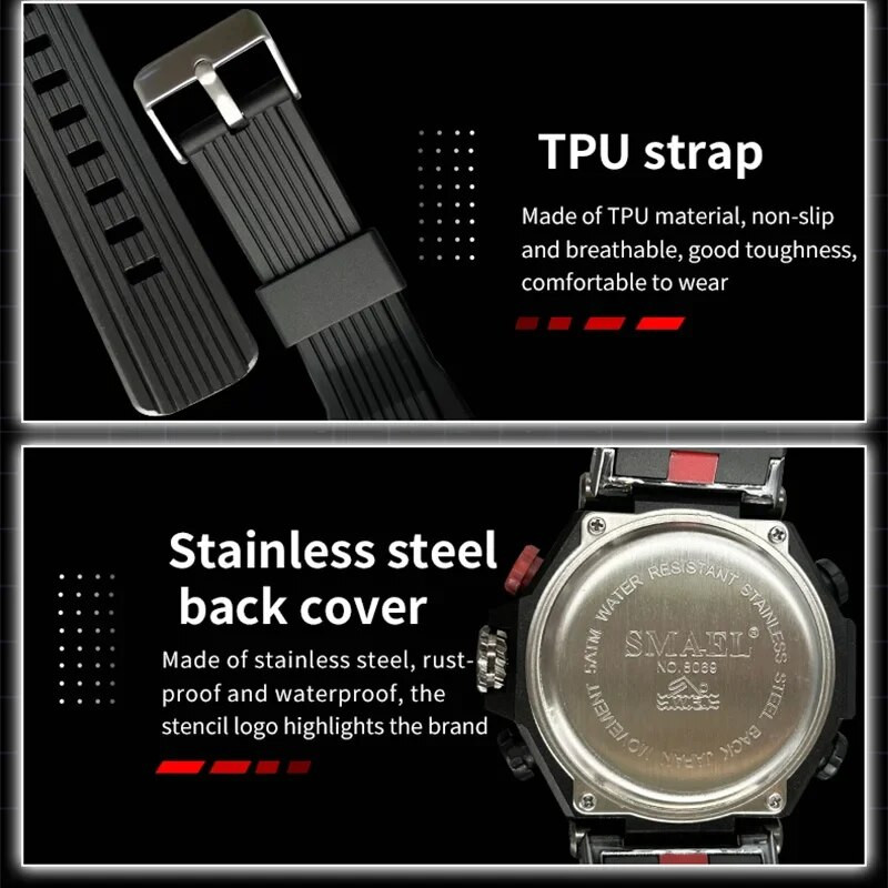 SMAEL 8069 Sport sõjaväekell, kahe ekraaniga LED elektrooniline käekell veekindlad meeste kellad, kvartskäekellad