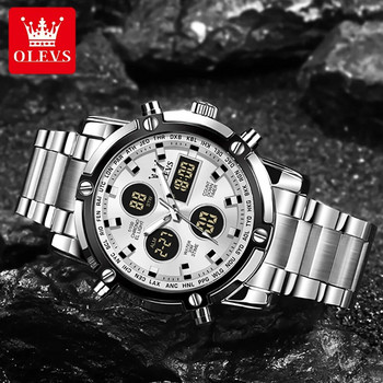 OLEVS Нов мъжки часовник с двоен дисплей Луксозен спортен водоустойчив кварцов електронен часовник за мъже Моден стоманен светещ хронограф