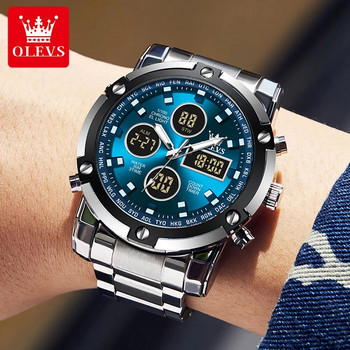 OLEVS Нов мъжки часовник с двоен дисплей Луксозен спортен водоустойчив кварцов електронен часовник за мъже Моден стоманен светещ хронограф