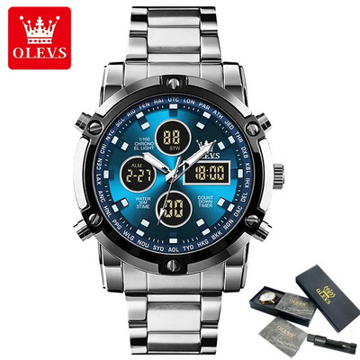 OLEVS Νέα Ανδρικά Ρολόγια Διπλής Οθόνης Πολυτελές αθλητικό αδιάβροχο ηλεκτρονικό ρολόι χαλαζία για άνδρες Fashion Steel φωτεινός χρονογράφος