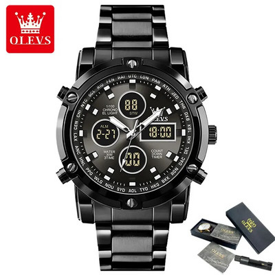 OLEVS Νέα Ανδρικά Ρολόγια Διπλής Οθόνης Πολυτελές αθλητικό αδιάβροχο ηλεκτρονικό ρολόι χαλαζία για άνδρες Fashion Steel φωτεινός χρονογράφος