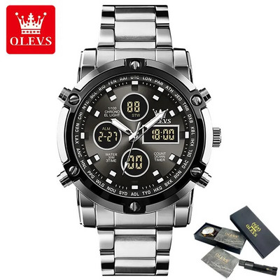 OLEVS Νέα Ανδρικά Ρολόγια Διπλής Οθόνης Πολυτελές αθλητικό αδιάβροχο ηλεκτρονικό ρολόι χαλαζία για άνδρες Fashion Steel φωτεινός χρονογράφος