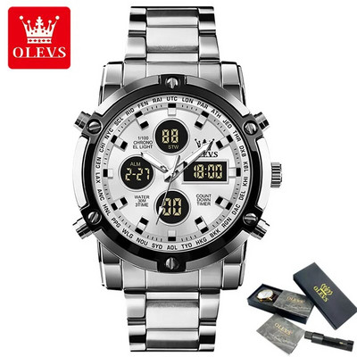 OLEVS Νέα Ανδρικά Ρολόγια Διπλής Οθόνης Πολυτελές αθλητικό αδιάβροχο ηλεκτρονικό ρολόι χαλαζία για άνδρες Fashion Steel φωτεινός χρονογράφος