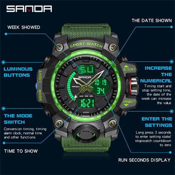Ανδρικά αθλητικά ρολόγια εξωτερικού χώρου SANDA Dual Display Quartz Ψηφιακά ηλεκτρονικά ανδρικά ρολόγια αδιάβροχα κορυφαία μάρκα πολυτελείας ανδρικό ρολόι