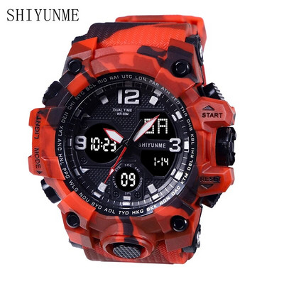 SHIYUNME lauko sportinis LED skaitmeninis laikrodis G stiliaus vyriškas elektroninis laikrodis Armijos vandeniui atsparus dviejų ekranų kelių laiko zonų kvarcinis laikrodis