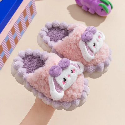 Winter Cute Cartoon Bowtie Puppy Children`s Plush Slippers Soft Sole Non-slip Warm Baby Girls Kids Indoor Cosy Home Cotton Shoes