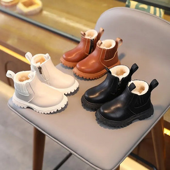 Нови 2024 Есен Зима Бебешки детски къси ботуши Топли обувки за момичета и момчета Кожени детски ботуши Модни плюшени детски ботуши за сняг Детски