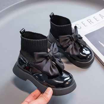 Детски ботуши Модни PU плътни черни панделки Униформа за момичета 2023 Пролет и есен Нова детска мода Летящи плетени ученически чорапи Обувки