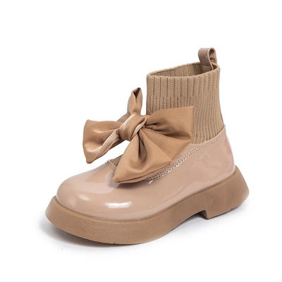 Παιδικές μπότες μόδας PU μασίφ μαύρο φιόγκο Στολή για κορίτσια 2023 Άνοιξη και Φθινόπωρο Νέα Παιδική Μόδα Flying Knit Σχολικές Κάλτσες Παπούτσια