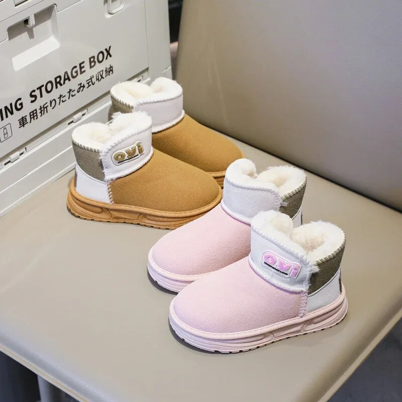 Vaikiški sniego batai 2023 m. korėjietiško stiliaus žieminiai nauji storos medvilnės šiltos medvilnės berniukų ir mergaičių trumpi batai, spalvos derančios universalios
