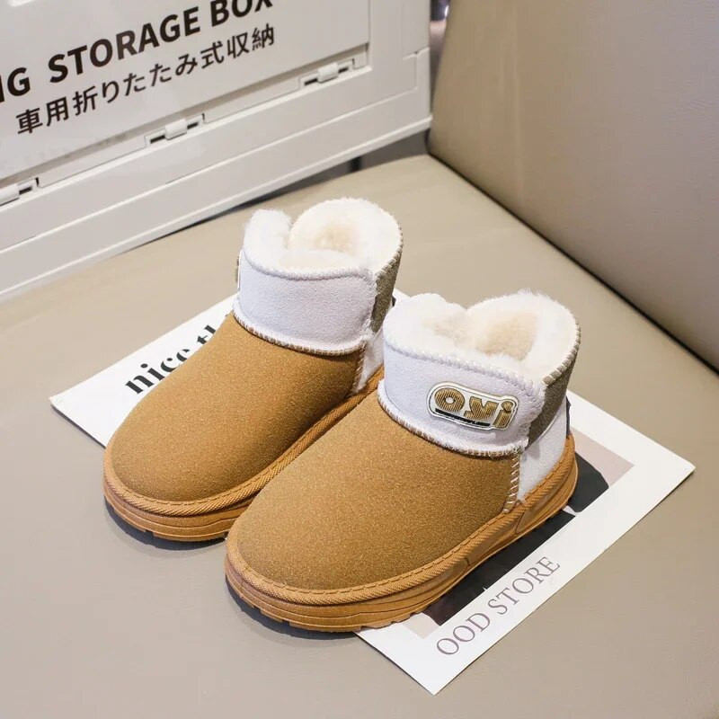 Vaikiški sniego batai 2023 m. korėjietiško stiliaus žieminiai nauji storos medvilnės šiltos medvilnės berniukų ir mergaičių trumpi batai, spalvos derančios universalios