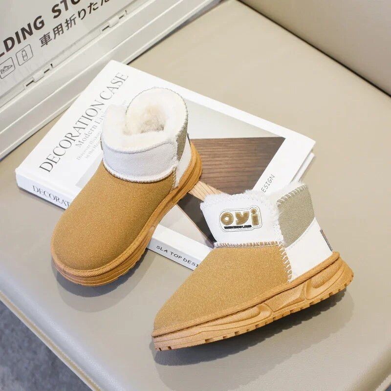Vaikiški sniego batai 2023 m. korėjietiško stiliaus žieminiai nauji storos medvilnės šiltos medvilnės berniukų ir mergaičių trumpi batai, spalvos derančios universalios