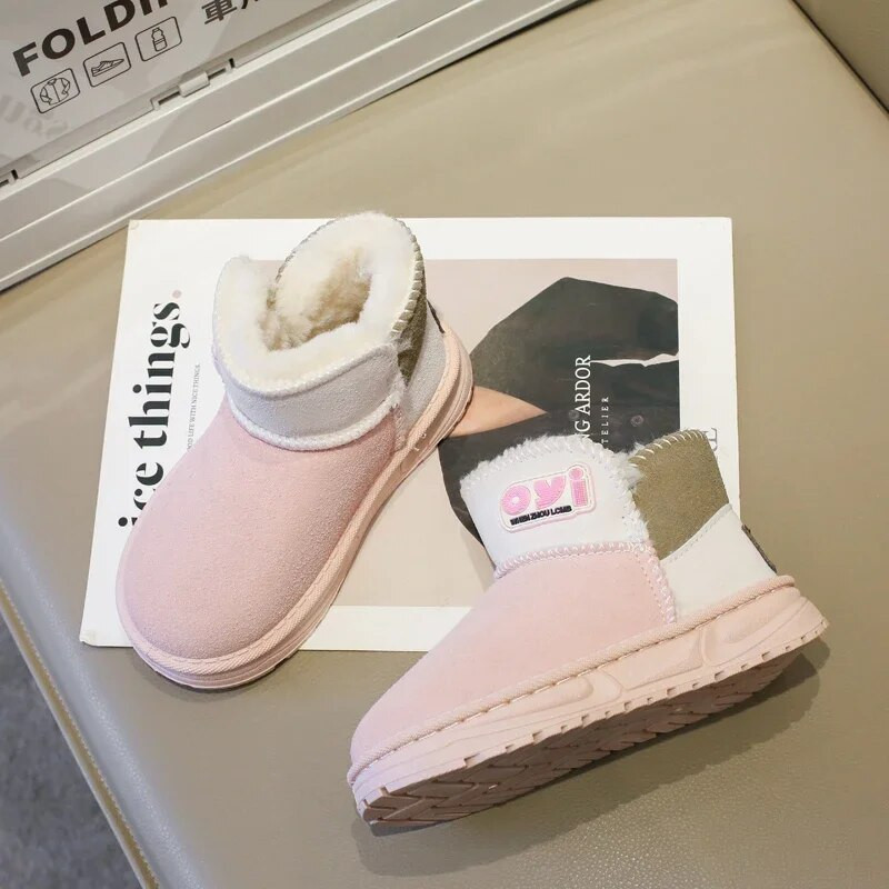 Vaikiški sniego batai 2023 m. korėjietiško stiliaus žieminiai nauji storos medvilnės šiltos medvilnės berniukų ir mergaičių trumpi batai, spalvos derančios universalios