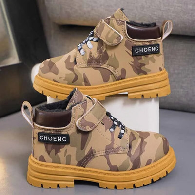 Φθινοπωρινές χειμερινές ζεστές βελούδινες μπότες χιονιού για αγόρια Camoufalge Army Αντιολισθητικές μπότες για κορίτσια Hook Outdoor παπούτσια Παιδικά μποτάκια