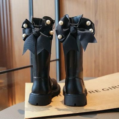 Põlveni ulatuvad saapad Lastejalatsid Uued 2024. aasta sügistalvine mood Kõrge ülaosaga üliõpilasjalatsid Tüdrukute printsessikingad koos vibuga lastesaabastega