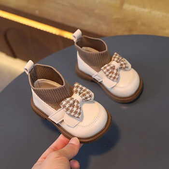 Нови 2024 г. Зимни детски чорапи Ботуши за момичета Обувки от PU кожа с лък Елегантни сладки детски ежедневни обувки Детски плетени къси ботуши Малки деца