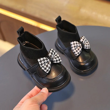 Нови 2024 г. Зимни детски чорапи Ботуши за момичета Обувки от PU кожа с лък Елегантни сладки детски ежедневни обувки Детски плетени къси ботуши Малки деца