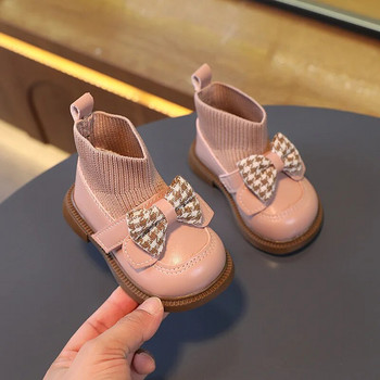 Νέα 2024 χειμερινές βρεφικές μπότες κάλτσες για κορίτσια Φιόγκος PU δερμάτινα παπούτσια Κομψά χαριτωμένα παιδικά καθημερινά παπούτσια Παιδικά πλεκτά κοντές μπότες νήπιο
