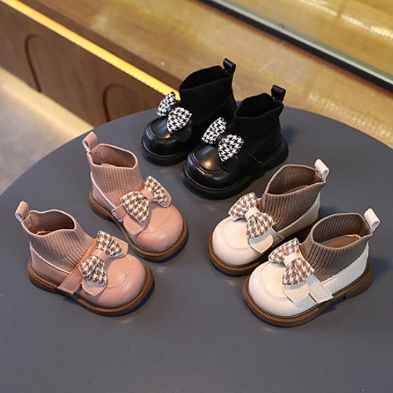 Nove zimske čizme za dojenčad 2024. Cipele od PU kože s mašnom za djevojčice Elegantne slatke dječje cipele za slobodno vrijeme Dječje pletene kratke čizme za malu djecu