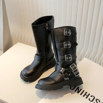2024 Νέες παιδικές μπότες ιππότης Βρετανίας μόδας για κορίτσια μαύρες δερμάτινες μακριές μπότες Παιδικές ρετρό δροσερές αγκράφες Western Cowboy
