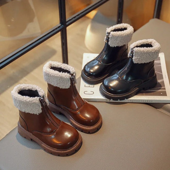 Детски нови зимни ботуши Едноцветни платформени предни ципове Детски ботуши до средата на прасеца Модни плюшени унисекс памучни обувки за момчета и момичета