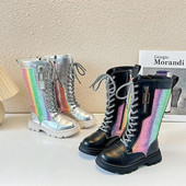 Μπότες για κορίτσια 2024 Νέα μόδα γυαλιστερά ασημένια παιδικά ψηλά μποτάκια μωρά Μοναδικά πολύχρωμα παπούτσια Princess Παιδικά μακριές μπότες σχεδιαστών