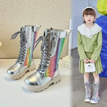 Ботуши за момичета 2024 Нова мода Гланцови сребърни детски високи ботуши Бебешки уникални цветни обувки на принцеса Детски дизайнерски дълги ботуши