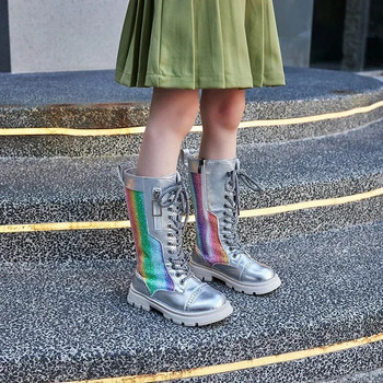 Ботуши за момичета 2024 Нова мода Гланцови сребърни детски високи ботуши Бебешки уникални цветни обувки на принцеса Детски дизайнерски дълги ботуши